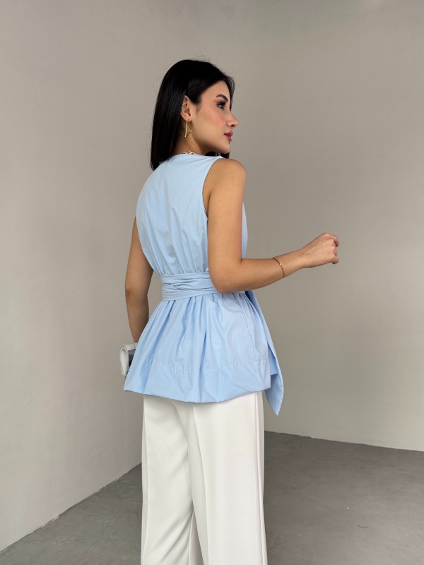 BLZ-06277 Bebe Mavi Bel Fiyonk Bağlamalı V Yaka Bluz