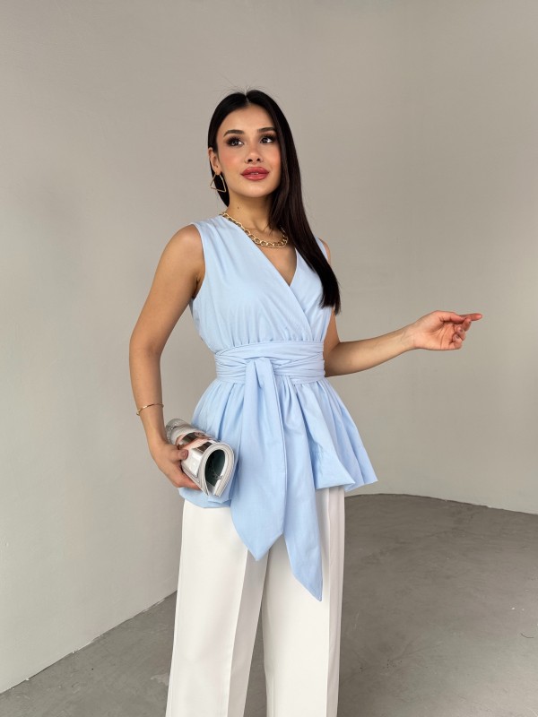 BLZ-06277 Bebe Mavi Bel Fiyonk Bağlamalı V Yaka Bluz