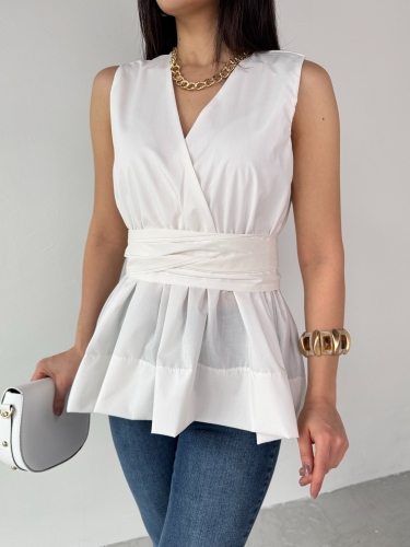 Cappmoda - BLZ-06277 Beyaz Bel Fiyonk Bağlamalı V Yaka Bluz (1)