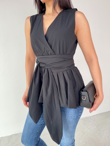 Cappmoda - BLZ-06277 Siyah Bel Fiyonk Bağlamalı V Yaka Bluz (1)