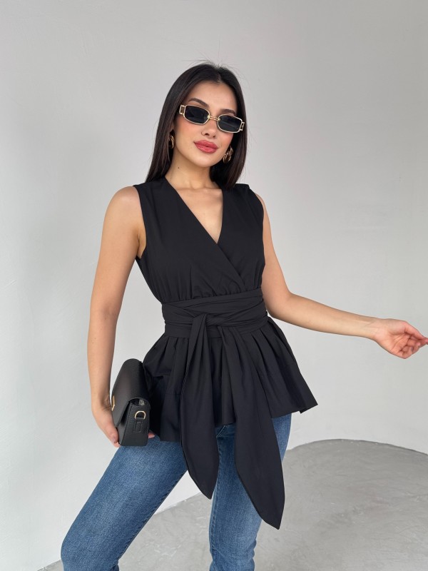 BLZ-06277 Siyah Bel Fiyonk Bağlamalı V Yaka Bluz