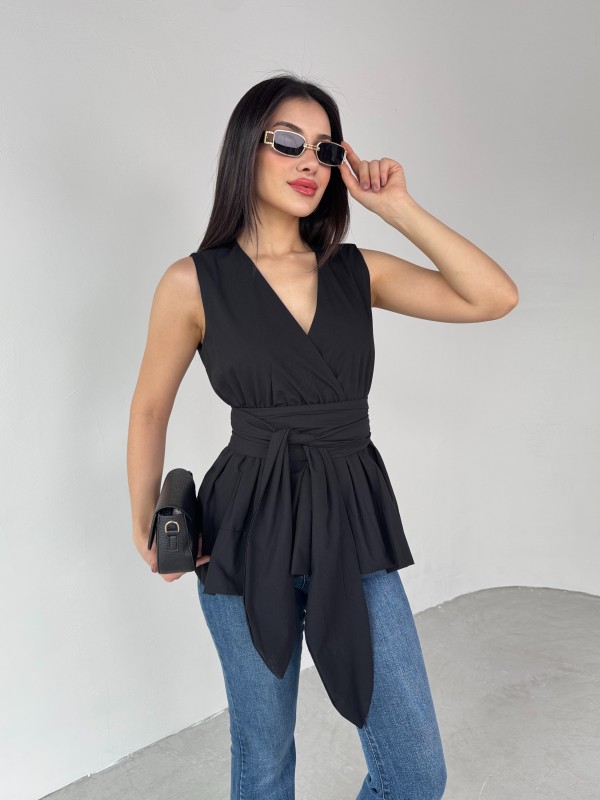 BLZ-06277 Siyah Bel Fiyonk Bağlamalı V Yaka Bluz