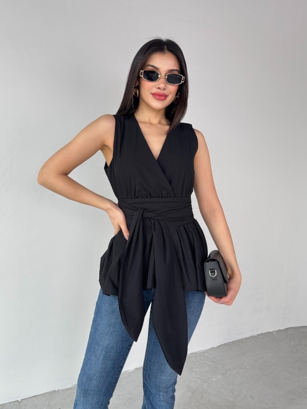 BLZ-06277 Siyah Bel Fiyonk Bağlamalı V Yaka Bluz