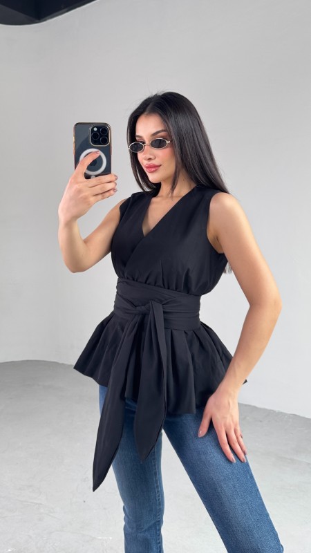 BLZ-06277 Siyah Bel Fiyonk Bağlamalı V Yaka Bluz