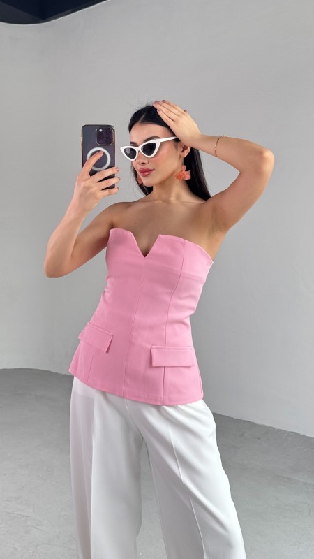 BLZ-06278 Pembe V Dekolte Straplez Büstiyer Bluz