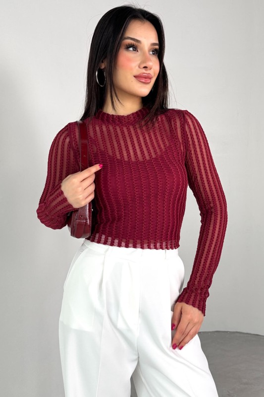 BLZ-06279 Bordo Astarlı Transparan Uzun Kollu Bluz