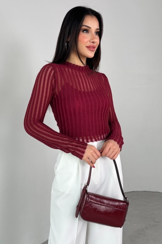 Cappmoda - BLZ-06279 Bordo Astarlı Transparan Uzun Kollu Bluz (1)
