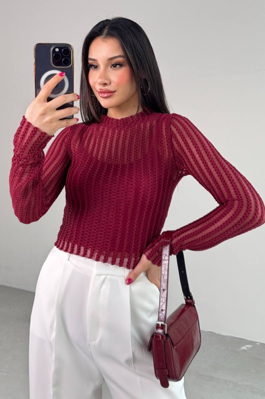 BLZ-06279 Bordo Astarlı Transparan Uzun Kollu Bluz