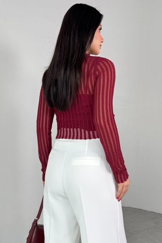 BLZ-06279 Bordo Astarlı Transparan Uzun Kollu Bluz - Thumbnail
