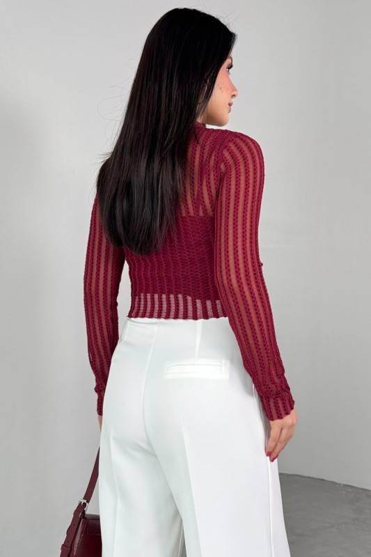 BLZ-06279 Bordo Astarlı Transparan Uzun Kollu Bluz