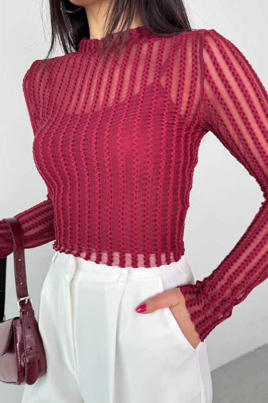 BLZ-06279 Bordo Astarlı Transparan Uzun Kollu Bluz