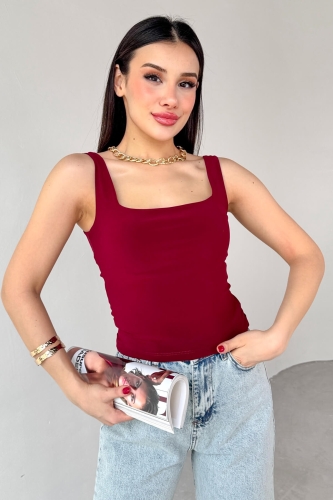 Cappmoda - BLZ-06280 Bordo Kare Yaka Askılı Bluz (1)