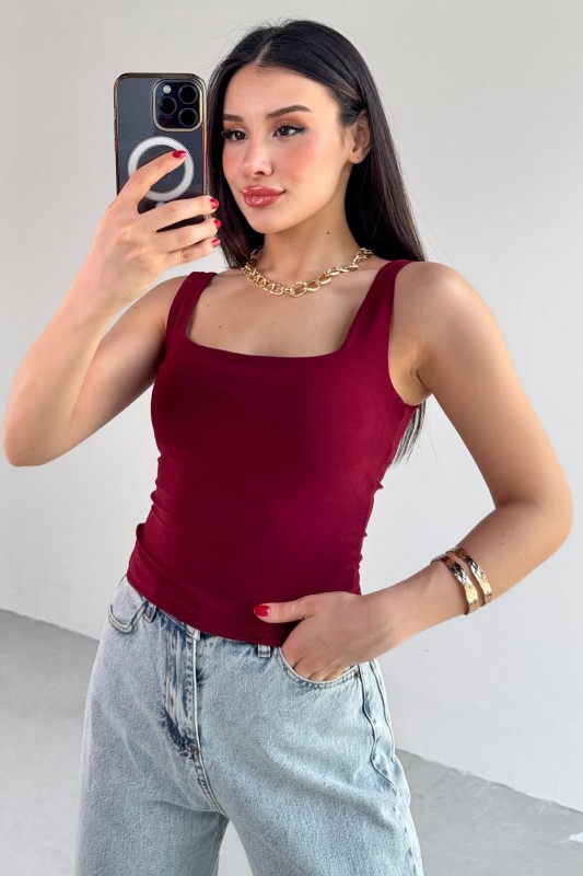 BLZ-06280 Bordo Kare Yaka Askılı Bluz