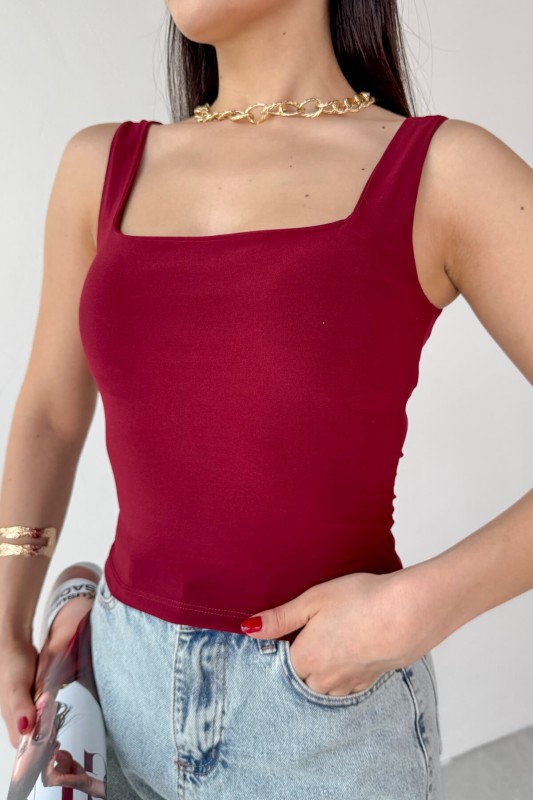BLZ-06280 Bordo Kare Yaka Askılı Bluz