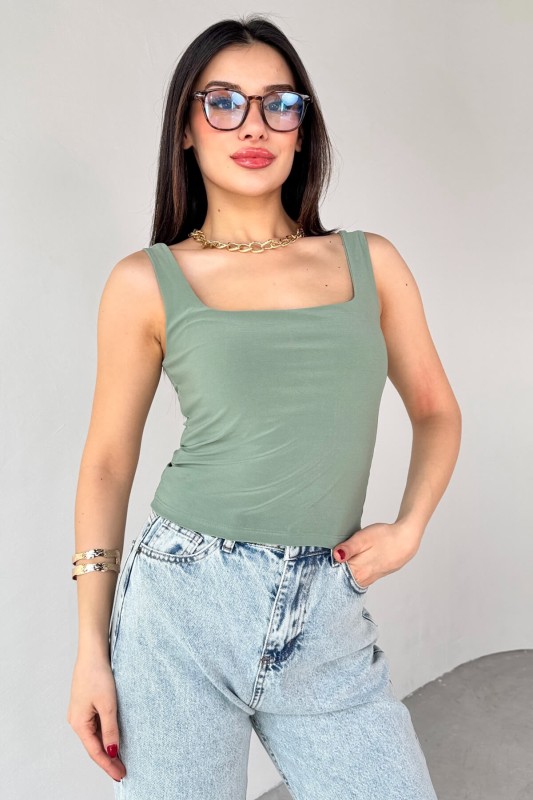 BLZ-06280 Haki Kare Yaka Askılı Bluz