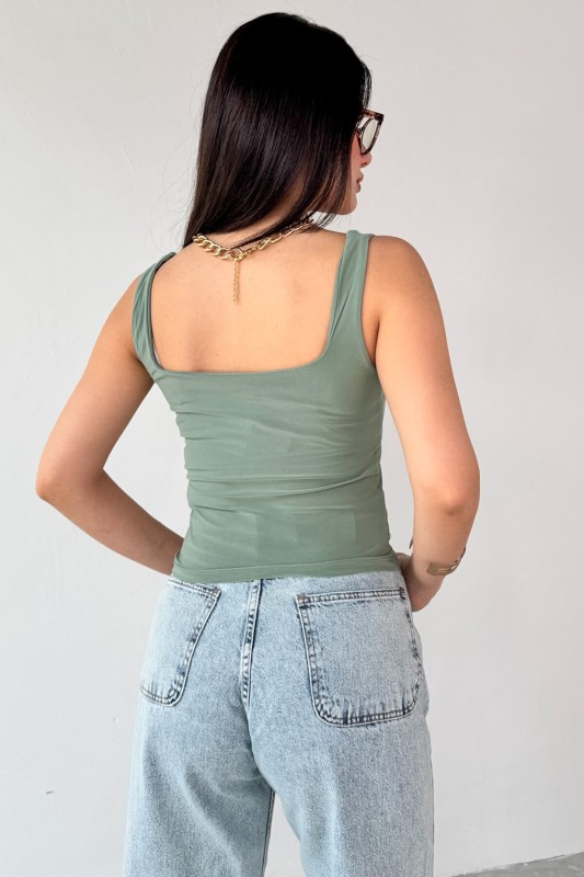 BLZ-06280 Haki Kare Yaka Askılı Bluz