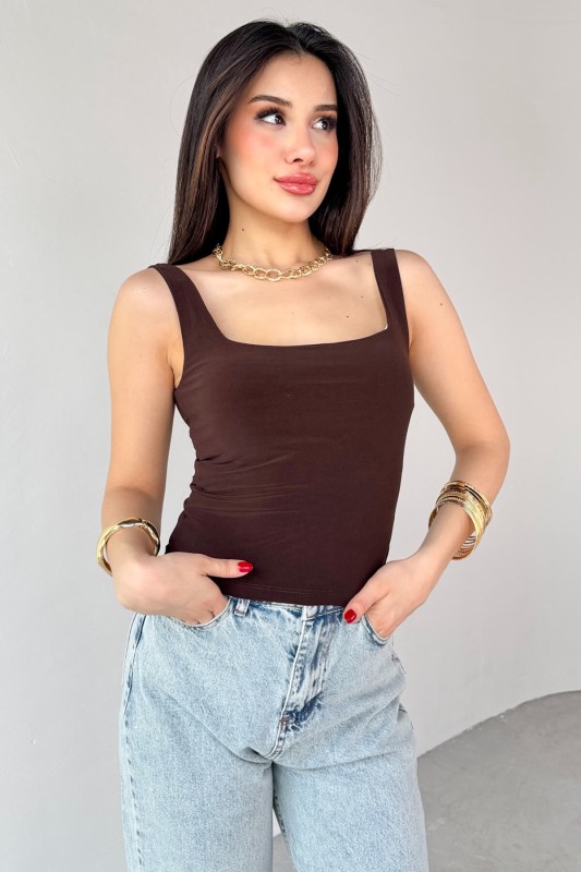 BLZ-06280 Kahverengi Kare Yaka Askılı Bluz - 1