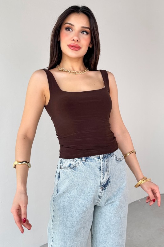 BLZ-06280 Kahverengi Kare Yaka Askılı Bluz - 5