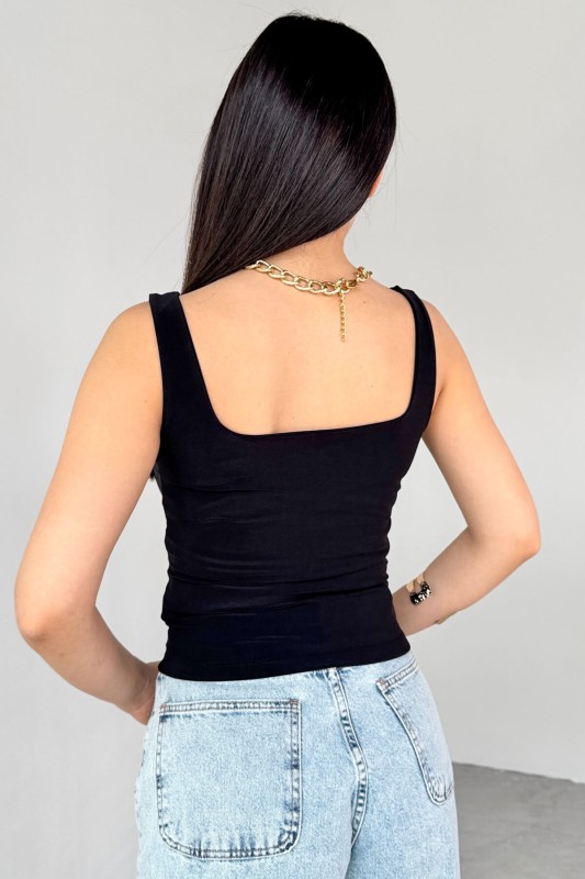BLZ-06280 Siyah Kare Yaka Askılı Bluz