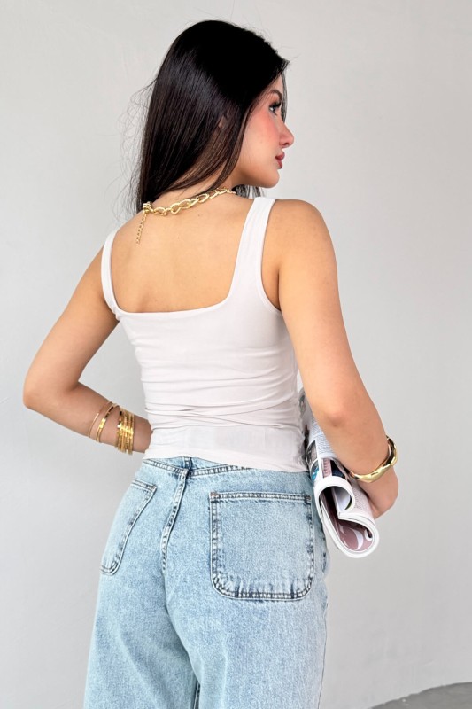 BLZ-06280 Taş Rengi Kare Yaka Askılı Bluz