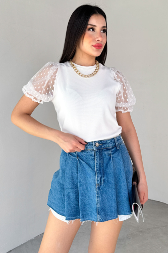BLZ-06281 Beyaz Dantelli Lastikli Balon Kol Detaylı Bluz 