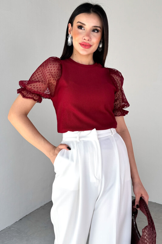 BLZ-06281 Bordo Dantelli Lastikli Balon Kol Detaylı Bluz - 2