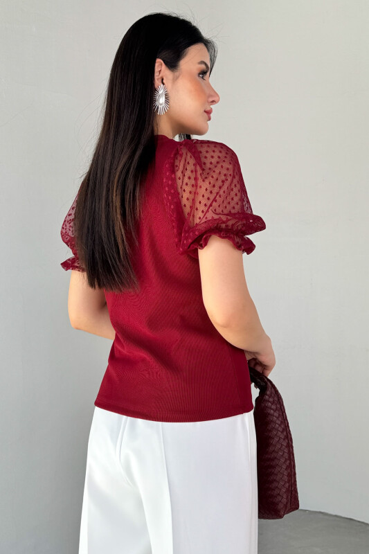 BLZ-06281 Bordo Dantelli Lastikli Balon Kol Detaylı Bluz - 3