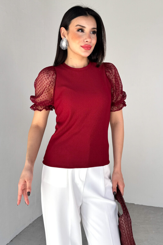 BLZ-06281 Bordo Dantelli Lastikli Balon Kol Detaylı Bluz - 1