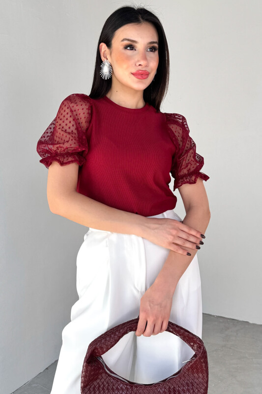BLZ-06281 Bordo Dantelli Lastikli Balon Kol Detaylı Bluz - 4
