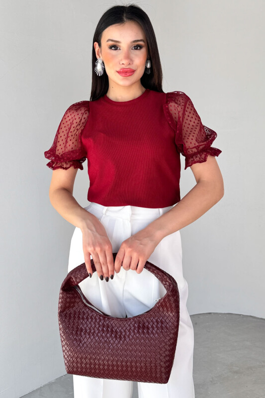 BLZ-06281 Bordo Dantelli Lastikli Balon Kol Detaylı Bluz - 5