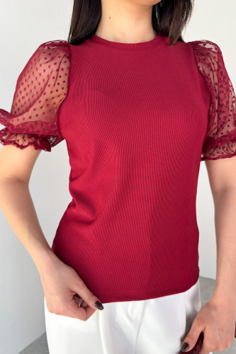 BLZ-06281 Bordo Dantelli Lastikli Balon Kol Detaylı Bluz - 6