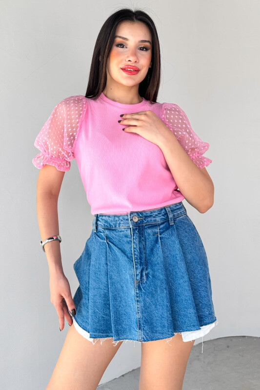 BLZ-06281 Pembe Dantelli Lastikli Balon Kol Detaylı Bluz - 2