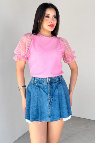 BLZ-06281 Pembe Dantelli Lastikli Balon Kol Detaylı Bluz - 3