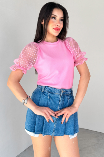 BLZ-06281 Pembe Dantelli Lastikli Balon Kol Detaylı Bluz - 4