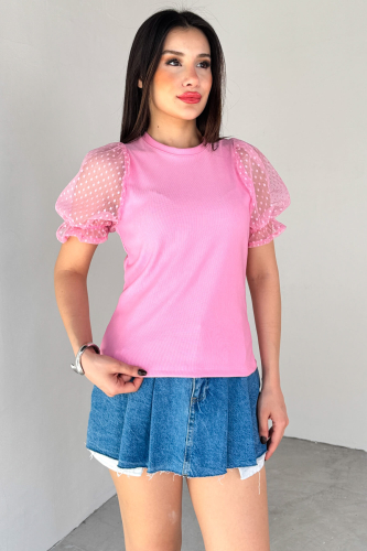BLZ-06281 Pembe Dantelli Lastikli Balon Kol Detaylı Bluz 