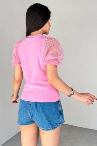 BLZ-06281 Pembe Dantelli Lastikli Balon Kol Detaylı Bluz - 6