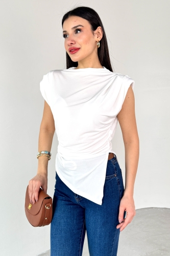 BLZ-06282 Beyaz Vatkalı Yan Yırtmaçlı Asimetrik Kesim Bluz - Thumbnail