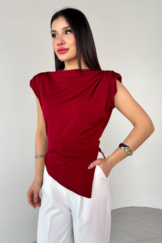 BLZ-06282 Bordo Vatkalı Yan Yırtmaçlı Asimetrik Kesim Bluz
