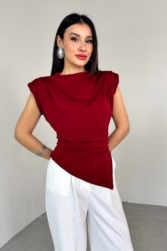 BLZ-06282 Bordo Vatkalı Yan Yırtmaçlı Asimetrik Kesim Bluz - Thumbnail
