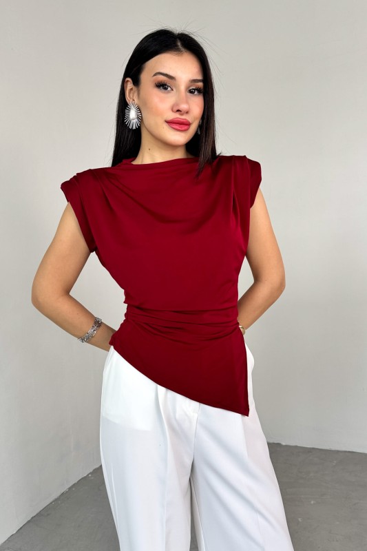 BLZ-06282 Bordo Vatkalı Yan Yırtmaçlı Asimetrik Kesim Bluz
