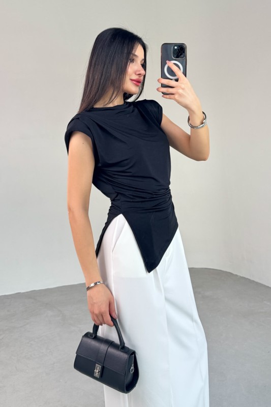 BLZ-06282 Siyah Vatkalı Yan Yırtmaçlı Asimetrik Kesim Bluz - 3