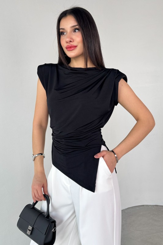 BLZ-06282 Siyah Vatkalı Yan Yırtmaçlı Asimetrik Kesim Bluz - 1