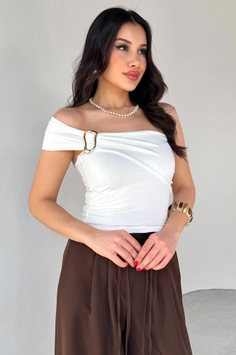 BLZ-06283 Beyaz Gold Toka Detaylı Yan Büzgülü Straplez Bluz - Thumbnail