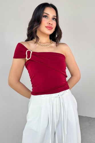 BLZ-06283 Bordo Gold Toka Detaylı Yan Büzgülü Straplez Bluz - Thumbnail