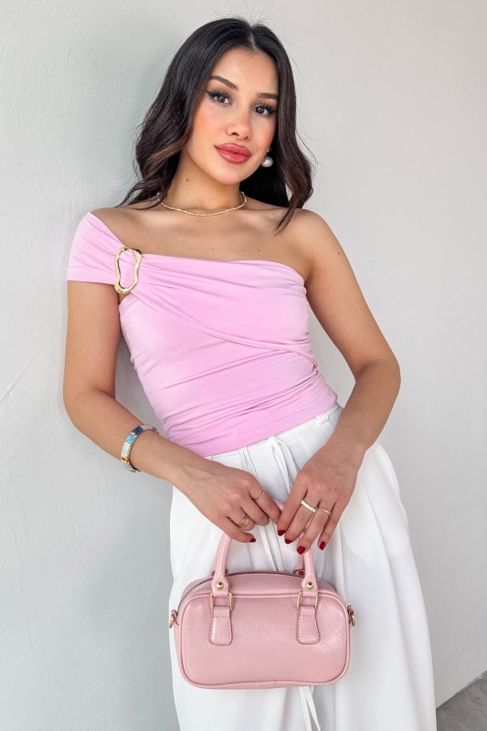 BLZ-06283 Pembe Gold Toka Detaylı Yan Büzgülü Straplez Bluz