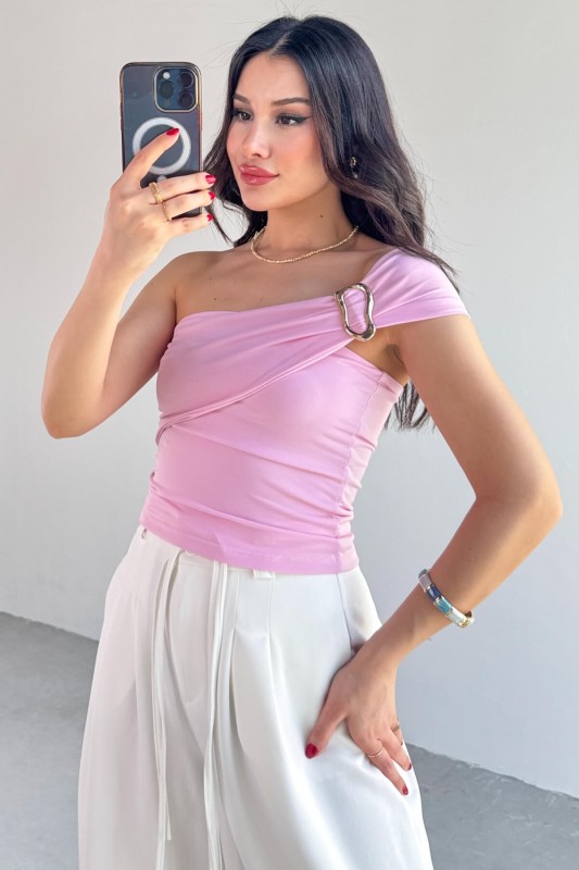 BLZ-06283 Pembe Gold Toka Detaylı Yan Büzgülü Straplez Bluz