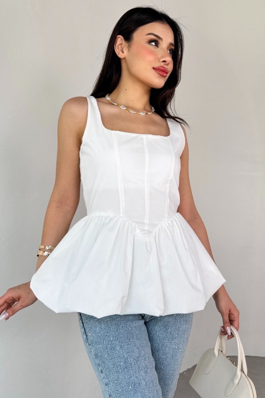 BLZ-06284 Beyaz Askılı Astarlı Balon Bluz