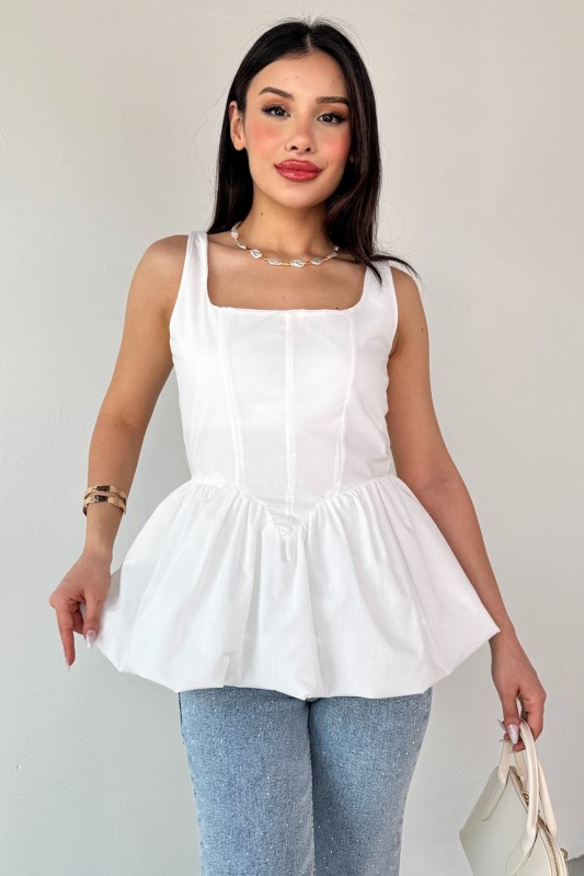 BLZ-06284 Beyaz Askılı Astarlı Balon Bluz