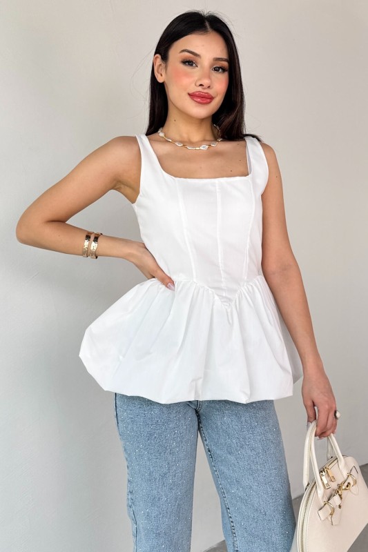 BLZ-06284 Beyaz Askılı Astarlı Balon Bluz