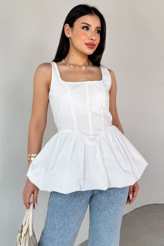 BLZ-06284 Beyaz Askılı Astarlı Balon Bluz